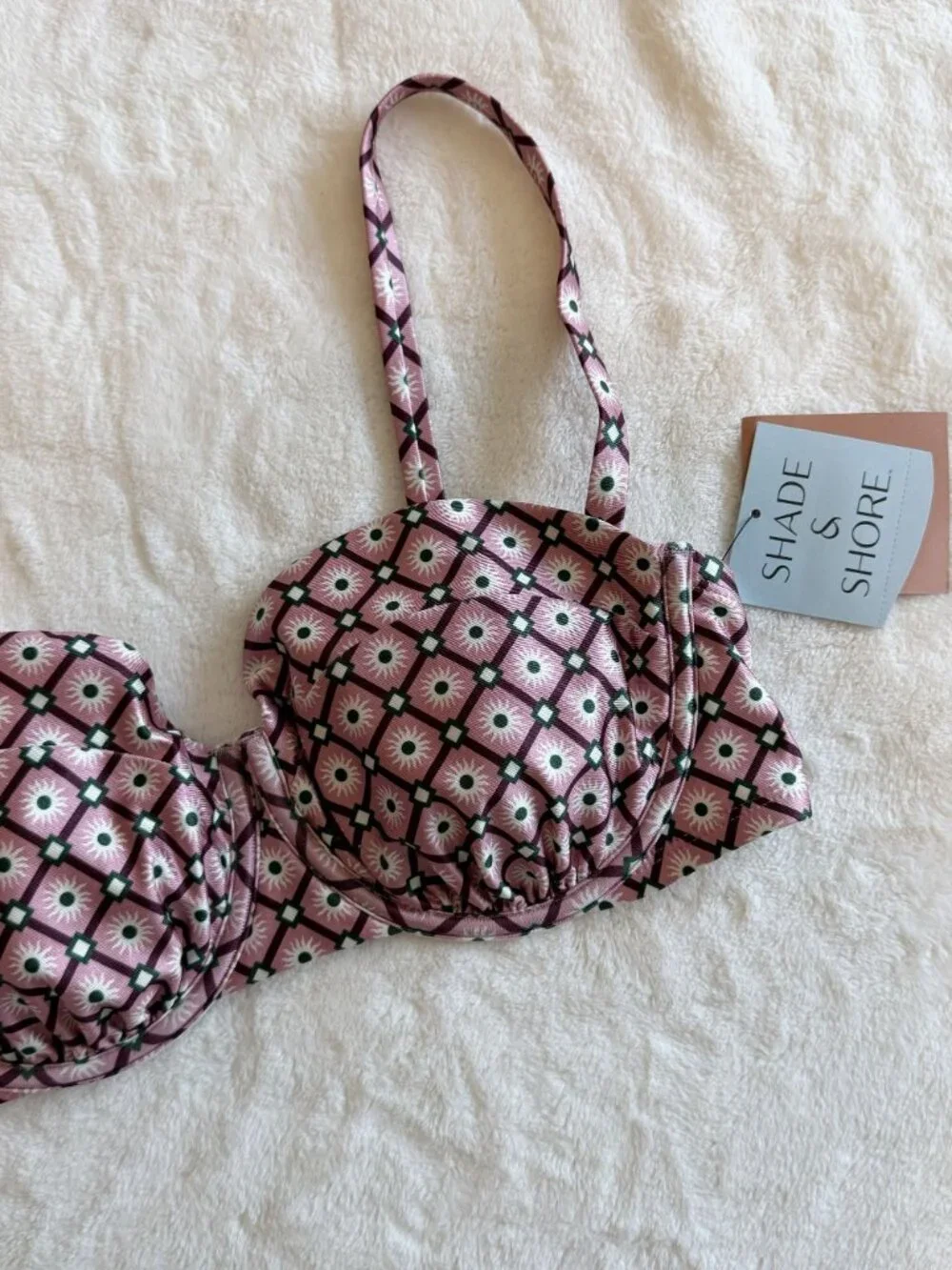 NWT Shade & Shore Pink and Black Geometric Patterned Underwire Bikini Top - 34DD